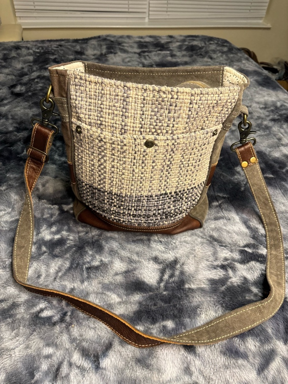 Myra Bag Beige & Brown Woven Bucket Crossbody